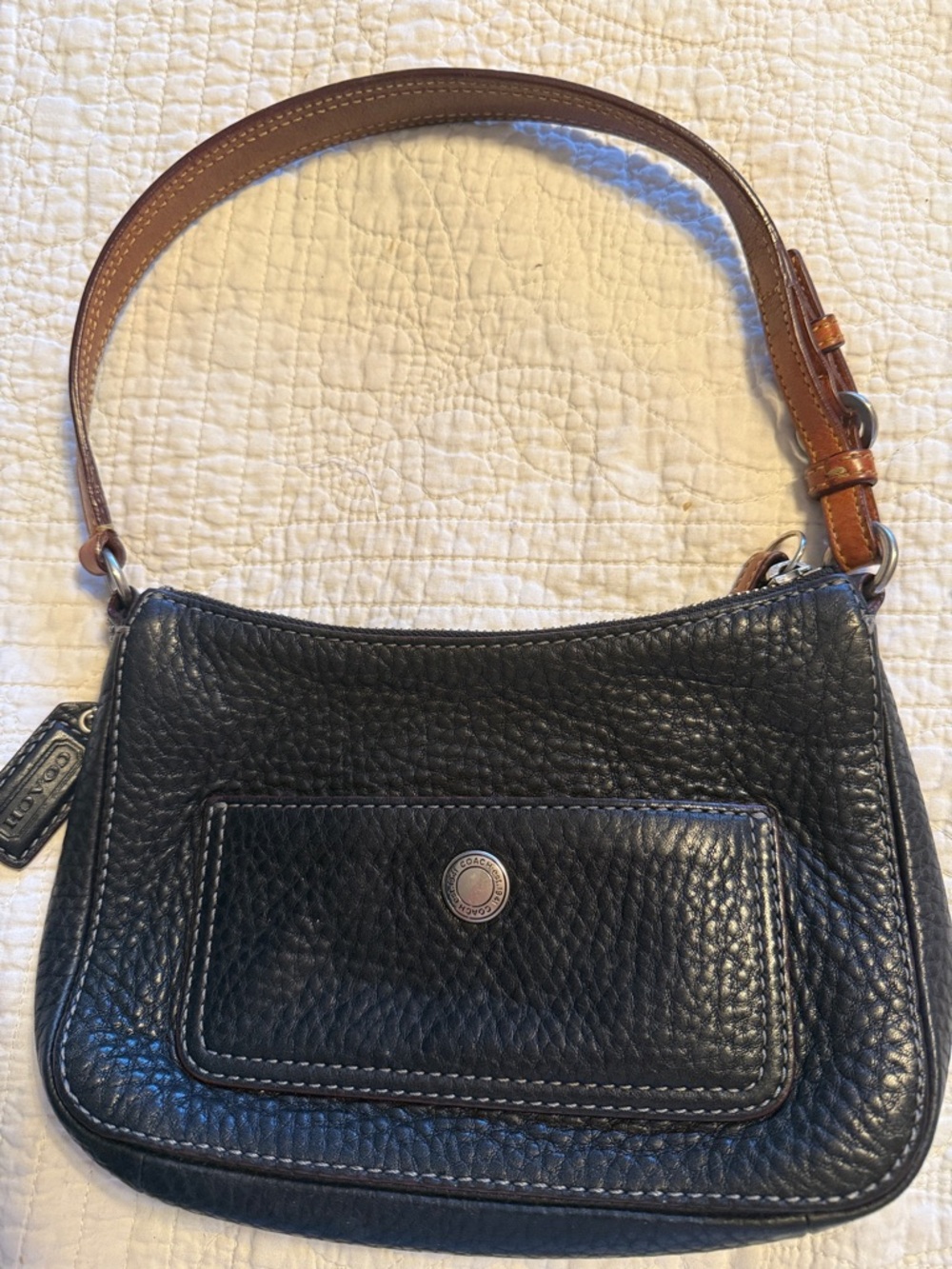 Coach Black Pebbled Leather Shoulder Bag with Brown Strap